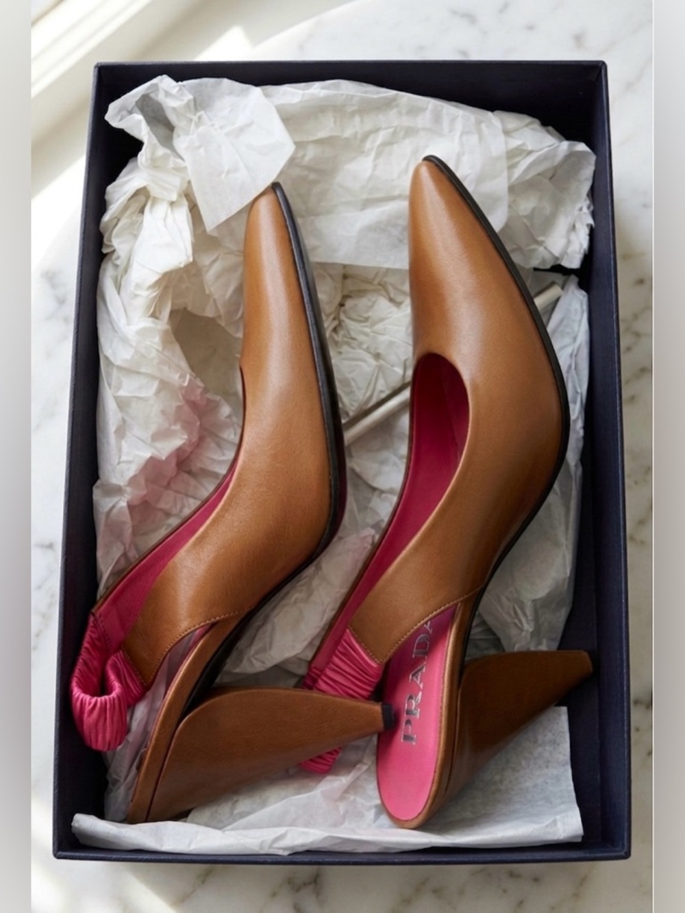 Prada Capretto Nappa Slingback Pump Tabacco Pink EU 38.5 NIB Authentic Italy - Picture 2 of 8